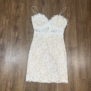 White Lace Overlay Mini Dress/ Floral/ Cutout/ Women Size M